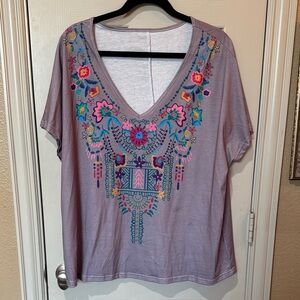 Embroidered V-Neck Women's Top in Lavender with Multicolor Floral Detail